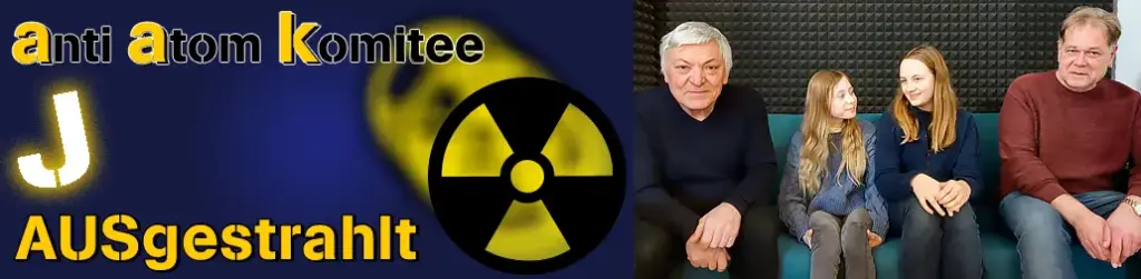 Logo der Sendung "AUSgestrahlt" mit einem Foto der 4 Mitwirkenden Manfred Doppler, Leonie, Charlotte und Gerold Wagner