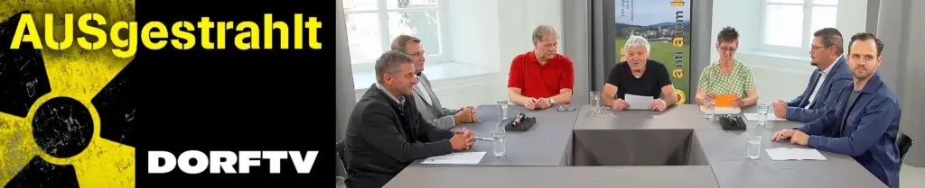 Logo der Sendung "AUSgestrahlt" und von "DorfTV" mit einem Bild der Mitwirkenden