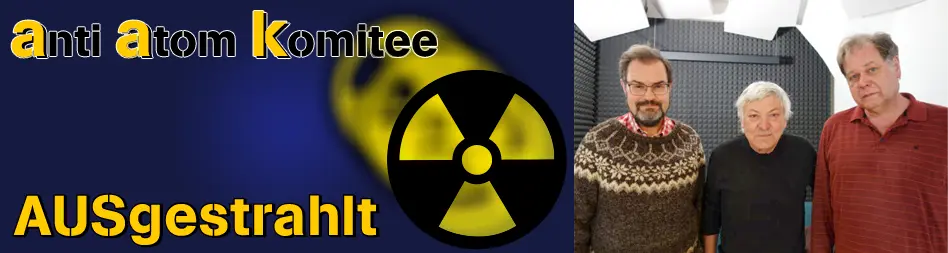 Logo der Sendung "AUSgestrahlt" mit einem Foto der 3 Mitwirkenden Aron Vrtala, Manfred Doppler und Gerold Wagner