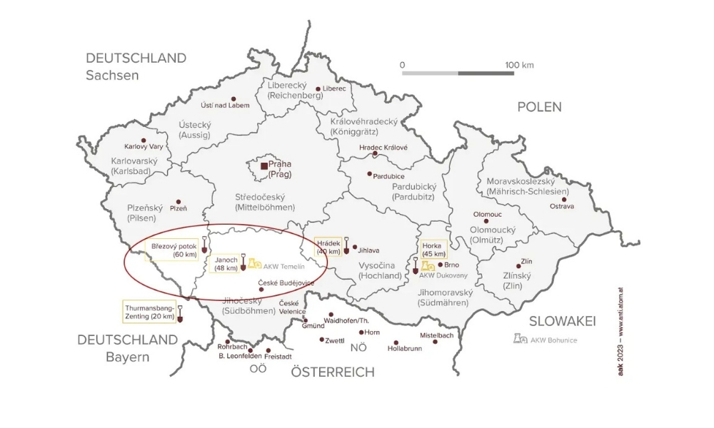 Karte von Tschechien mit einer Übersicht der AKWs und Endlager