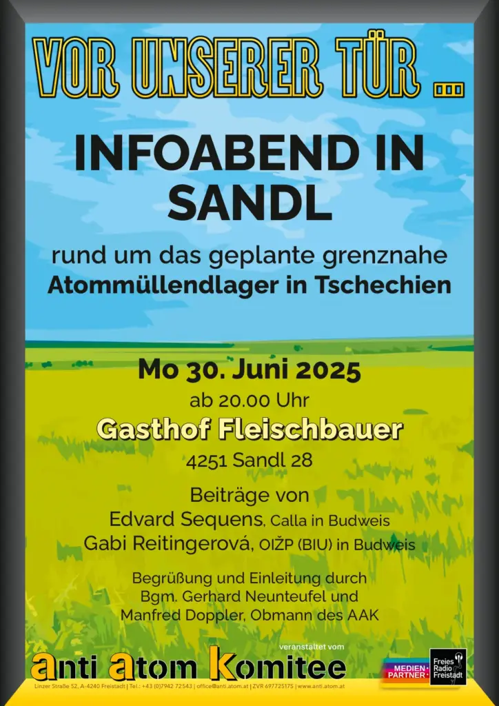 Plakat, das über den Infoabend in Sandl am 30. Juni 2025 informiert