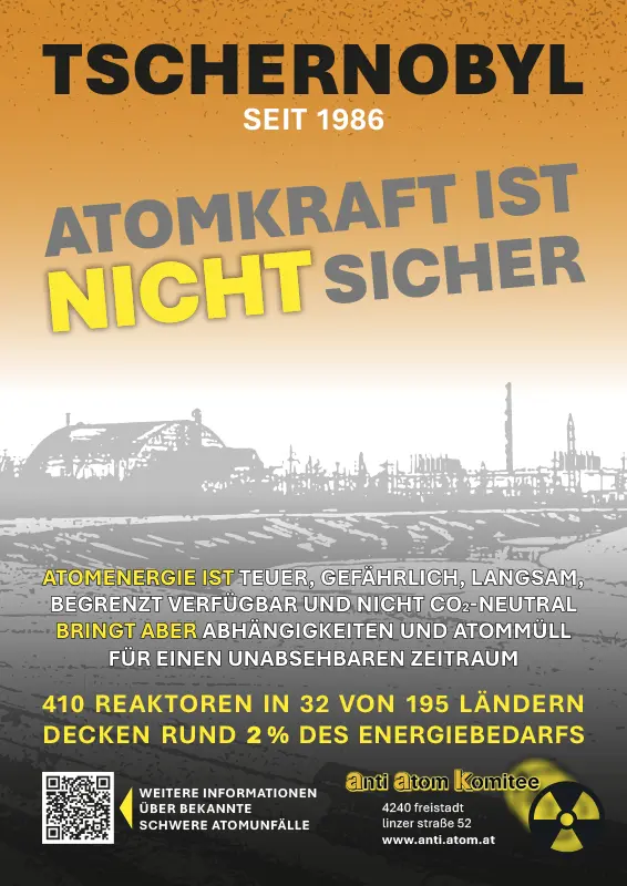Plakat, das über Tschernobyl und die Auswirkungen des Atomkraftunfalls informiert